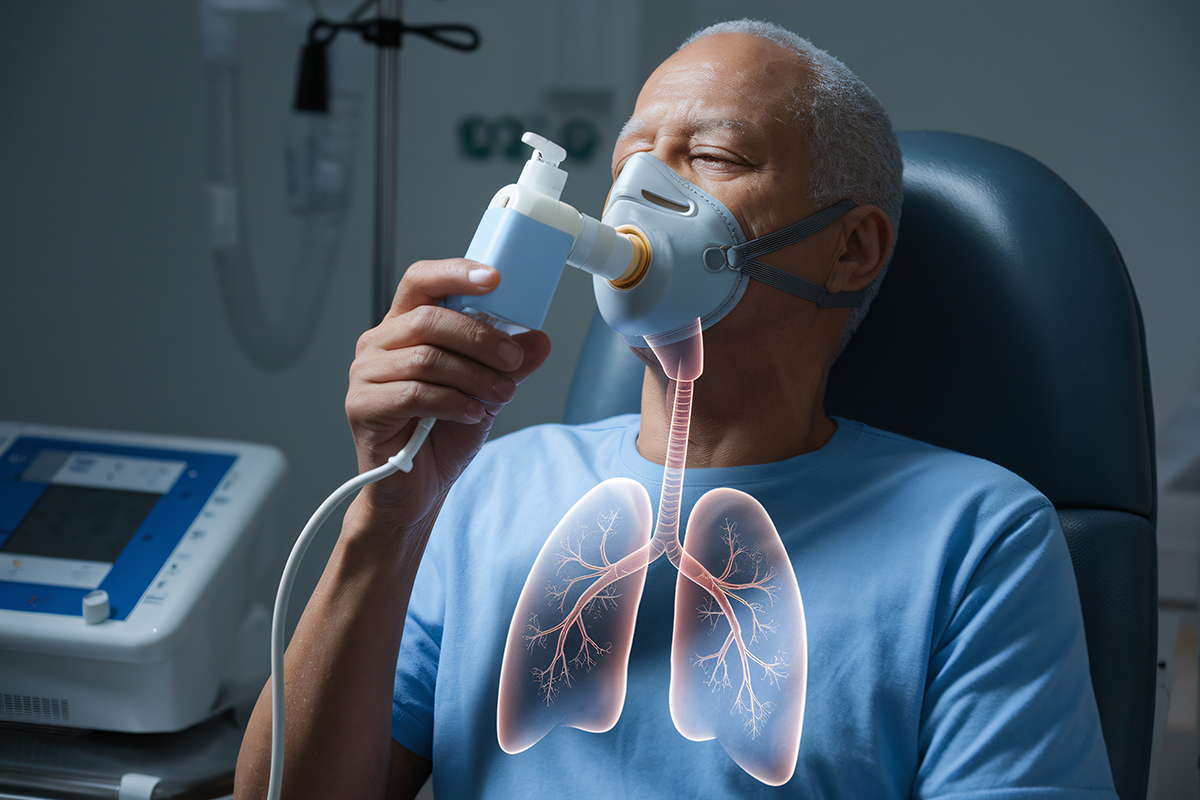 elderly senior sits in a armchair with an oxygen mask in quarantine